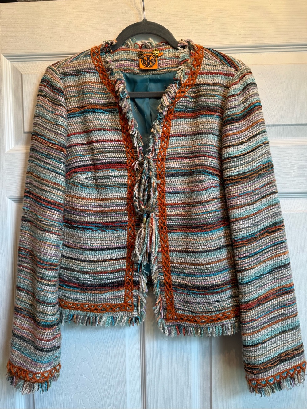 Tory Burch Multicolor Fringe Jacket with rust trim